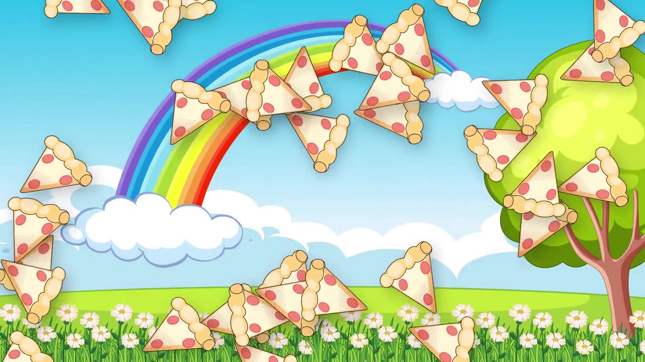 Fatias de pizza animadas caem continuamente contra uma paisagem brilhante com arco-íris, nuvens e árvores.