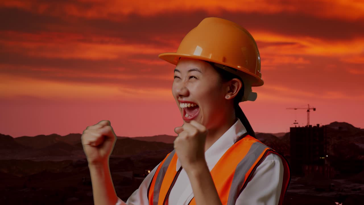 해가 지는 동안 흥분한 건설 엔지니어