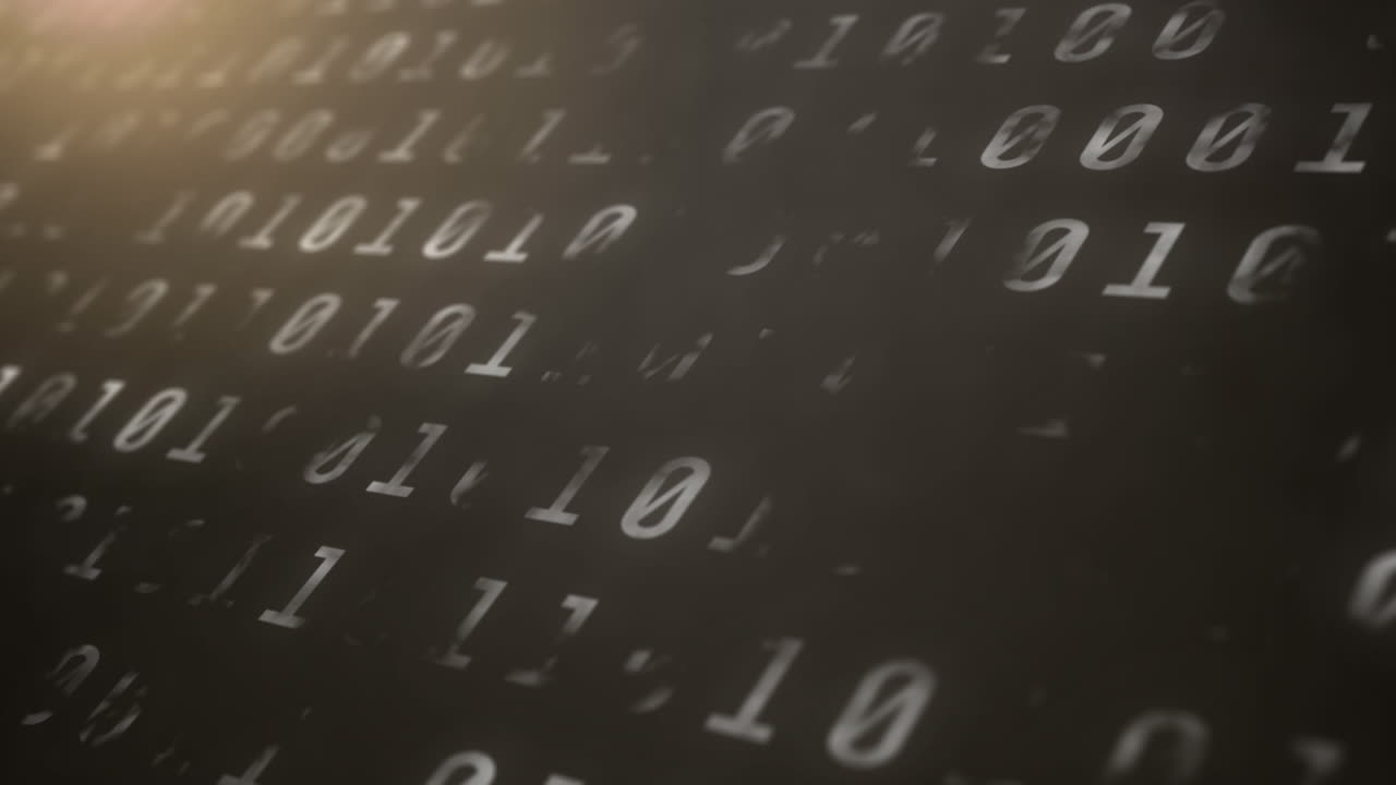 digitale animatie van binaire codering van gegevensverwerking tegen lichtvlekken op een grijze achtergrond