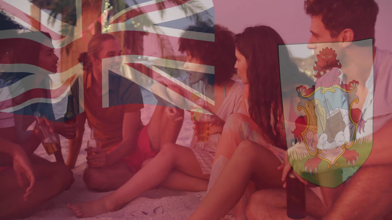 Sitting on beach, group of friends with British Virgin Islands flag animation