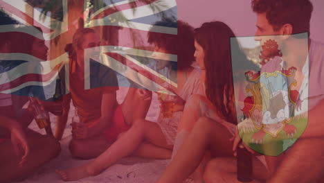 sitting on beach, group of friends with british virgin islands flag animation