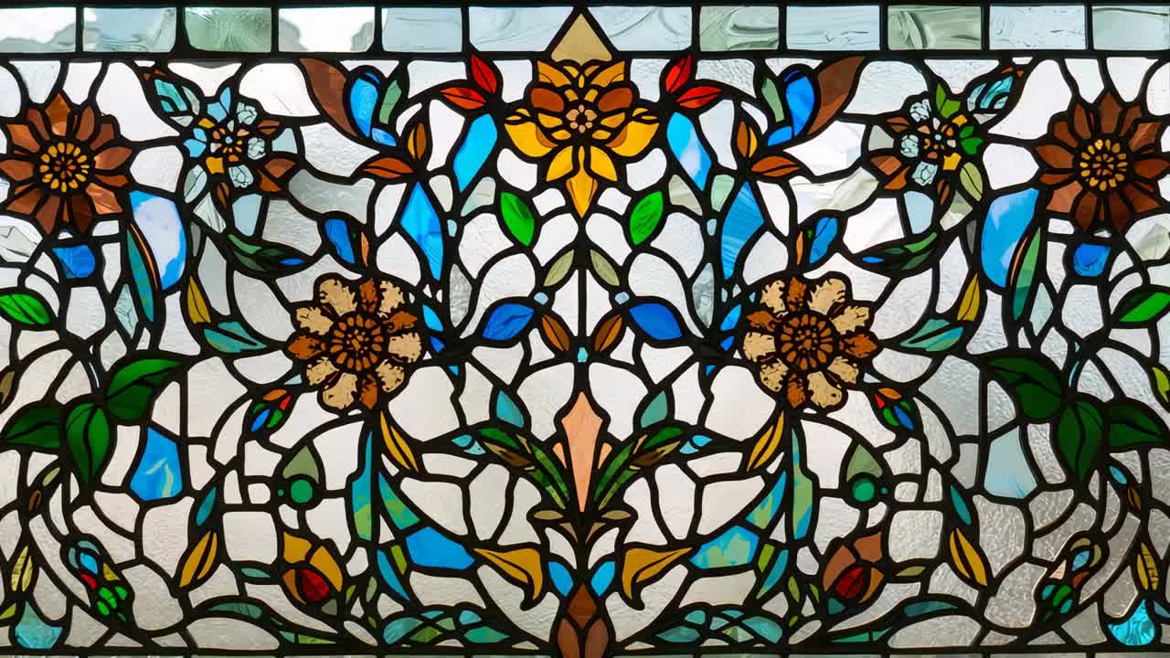 Filtering daylight across stained glass panel on wall, shifting floral motif colors as light shifts