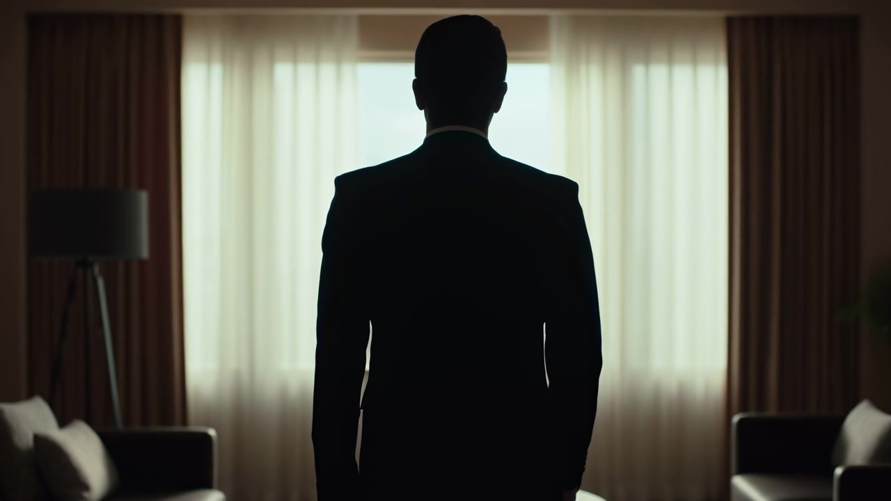 Una vista posteriore mostra un uomo vestito elegantemente che si muove verso una finestra luminosa, mentre la sua silhouette si staglia all'interno di un salone simmetrico incorniciato da tende, sedute e una luce calda e soffusa.