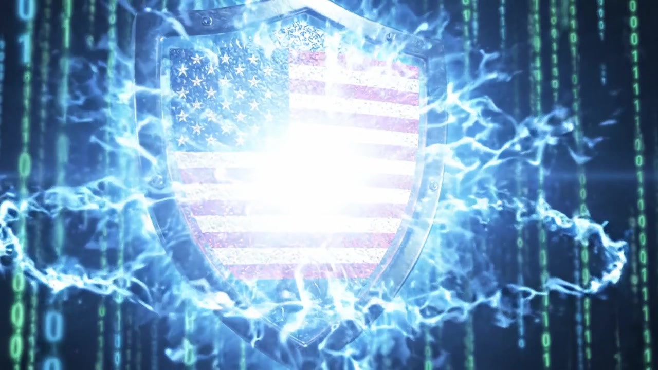 A Symbol of Digital Defense: The American Flag Shield Amidst Binary Code Representing Cybersecurity and Protection Against Online Threats
