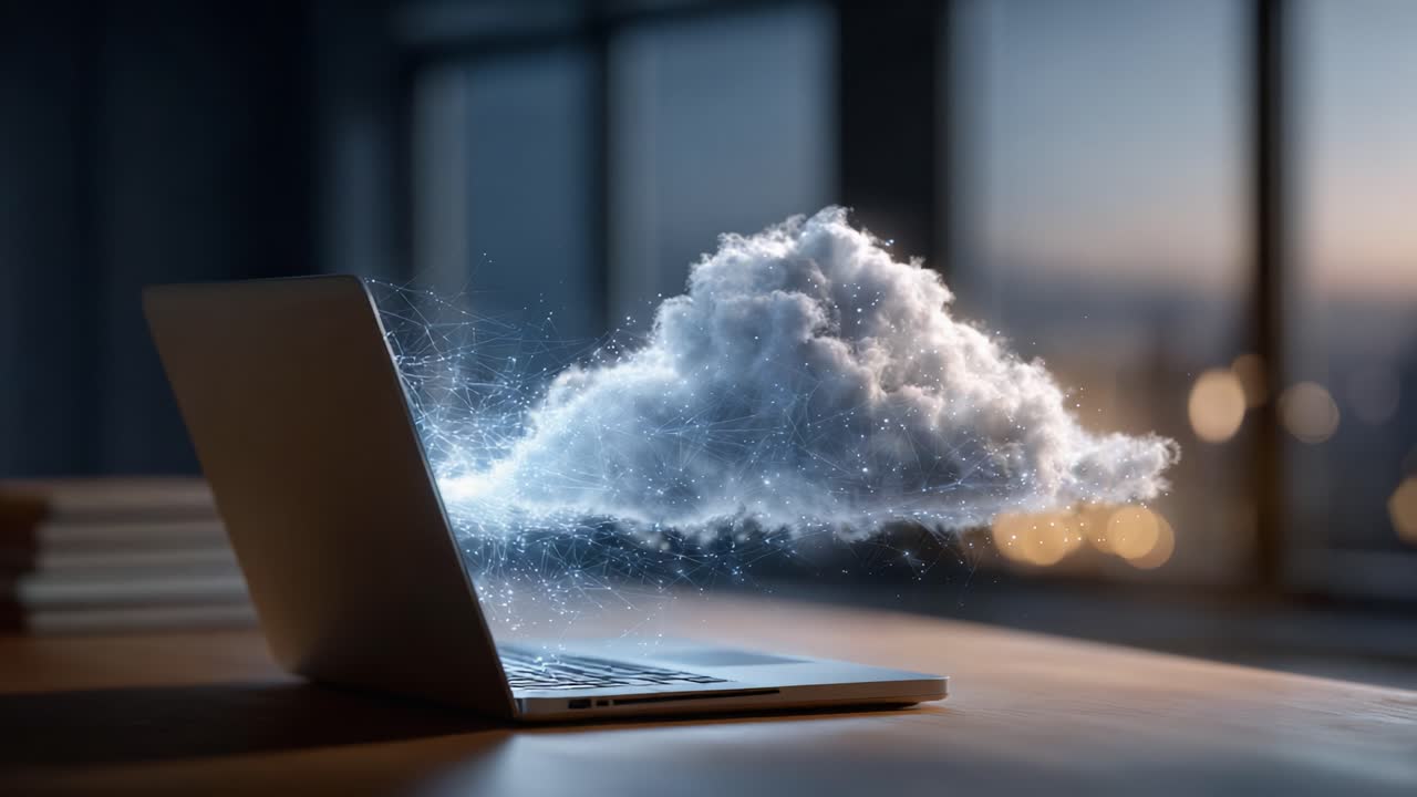 A Visual Representation of Cloud Computing Emerging from a Laptop, Signifying the Modern Fusion of Technology and Digital Innovation