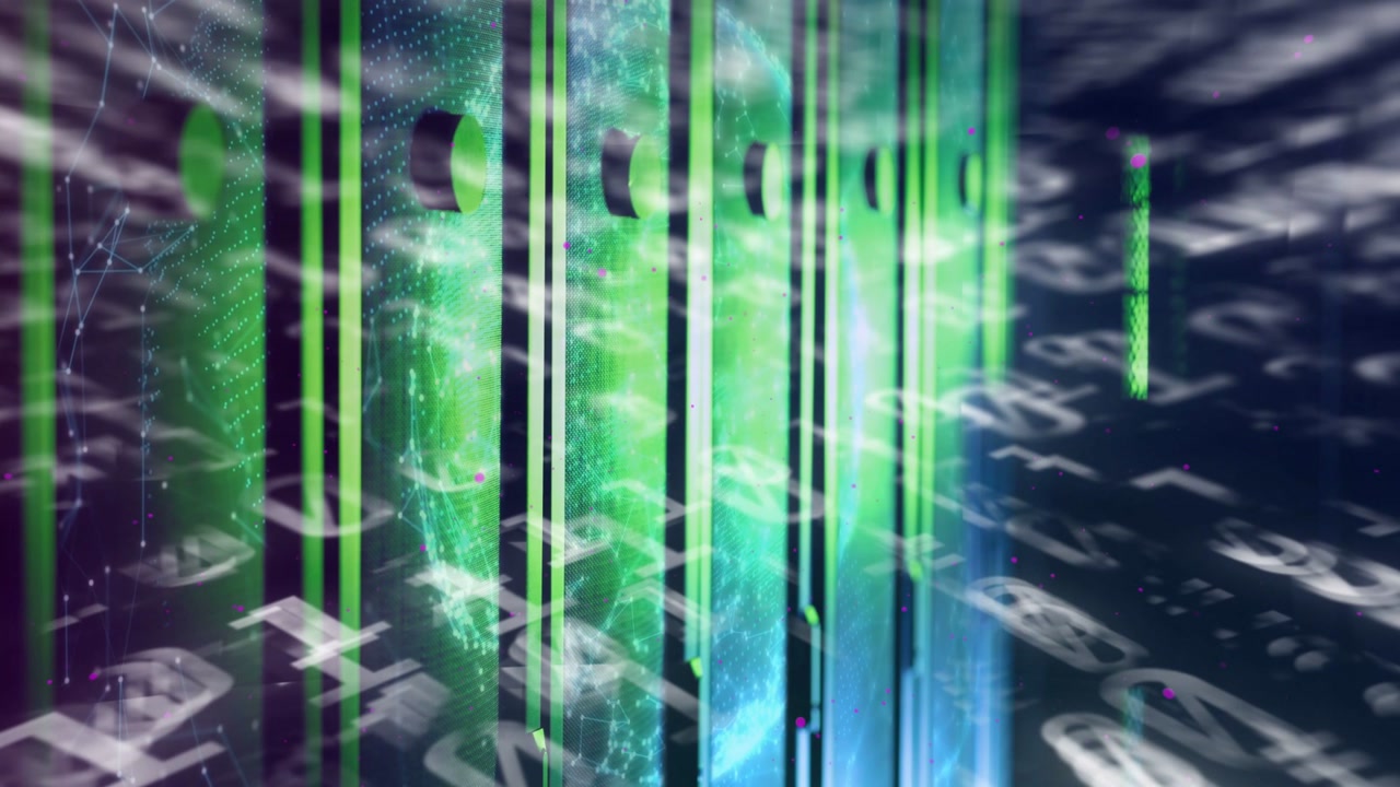 Moving glyph field sweeping foreground brightening globe animating green panels visualizing network