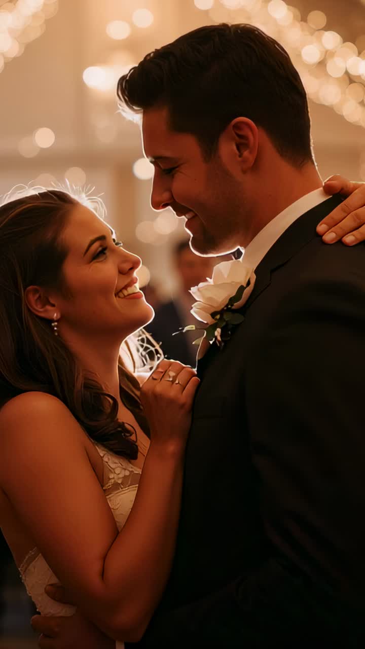Vertical video: Drawing bride in lace and groom closer, holding lapel and touching pin at reception