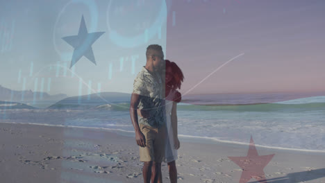 animation of financial data processing and flag of panama over african american couple at beach