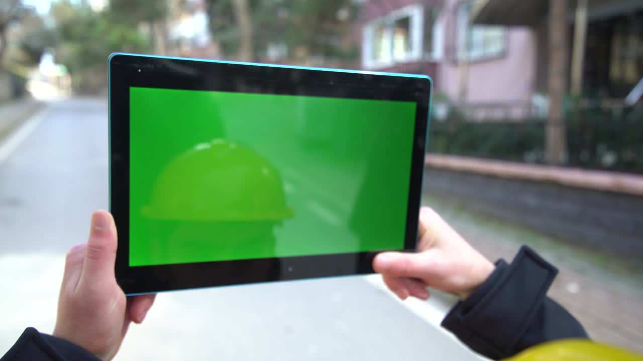 ручные рабочие человек в зеленом экране планшет индейка-