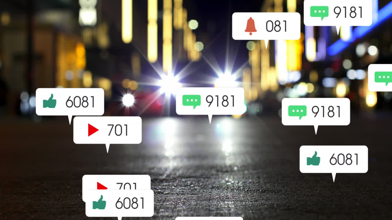 야간 도시 풍경에서 소셜 미디어 아이콘과의 연결 네트워크의 애니메이션