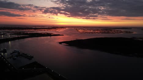 a high angle aerial view of a bay on long island, ny at sunrise