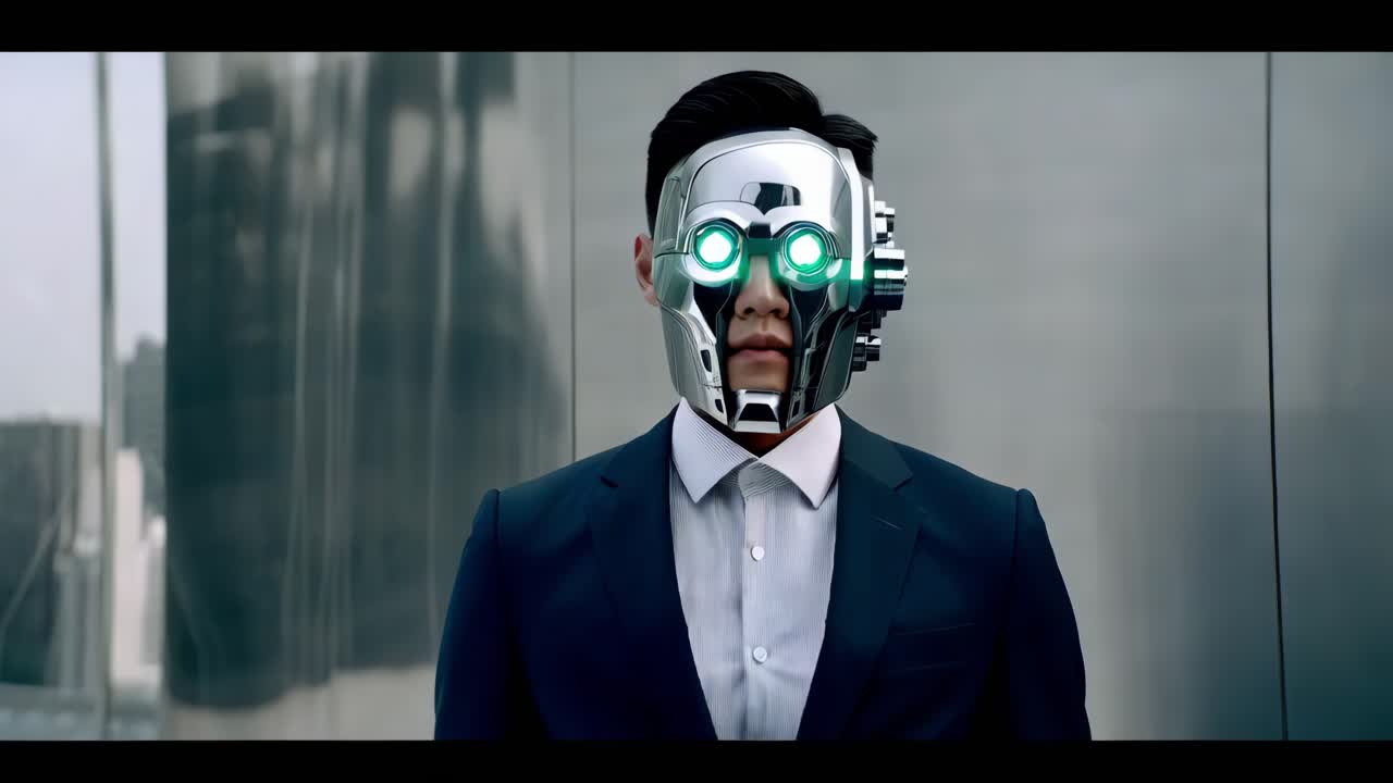 hombre de negocios con una máscara de robot de metal