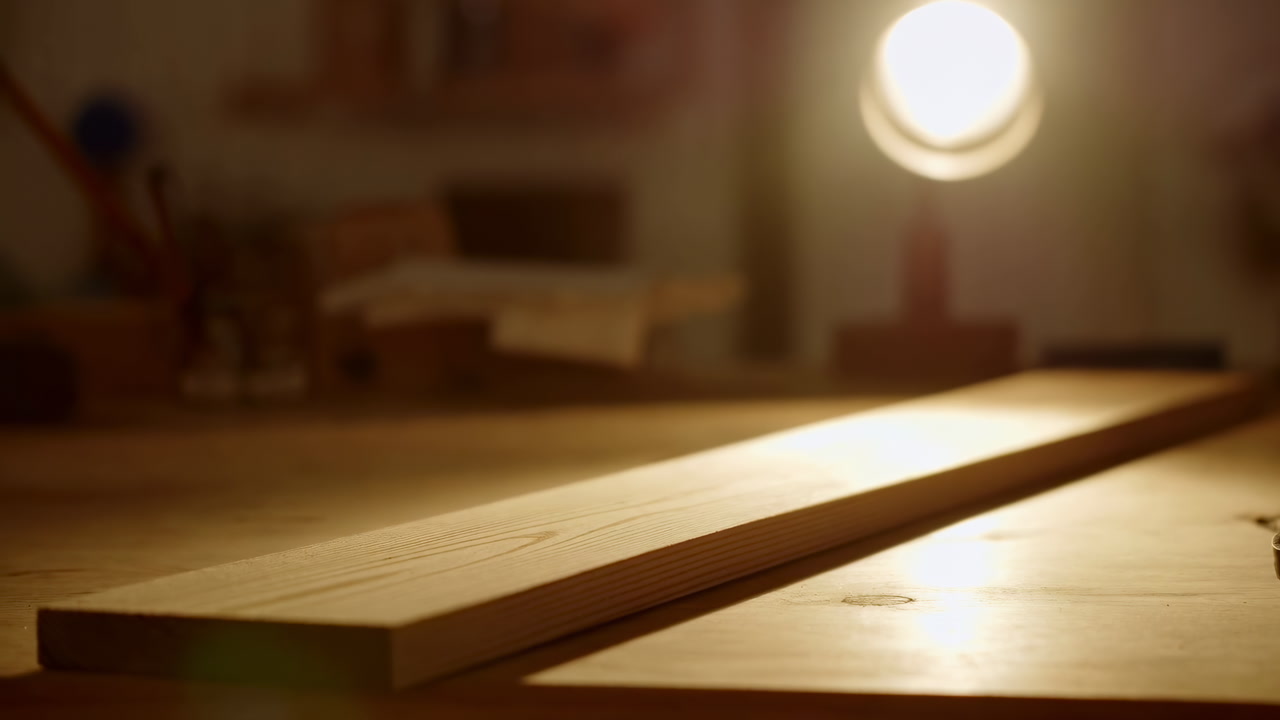 Wood Plank On Illuminated Workbench Under Lamp, Grain And Edge Clearly Visible Quiet Workshop Atmosphere