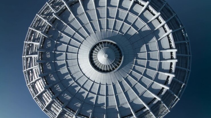 Rotating circular metal structure showing subtle shadow shifts under blue sky, central hub and ribs