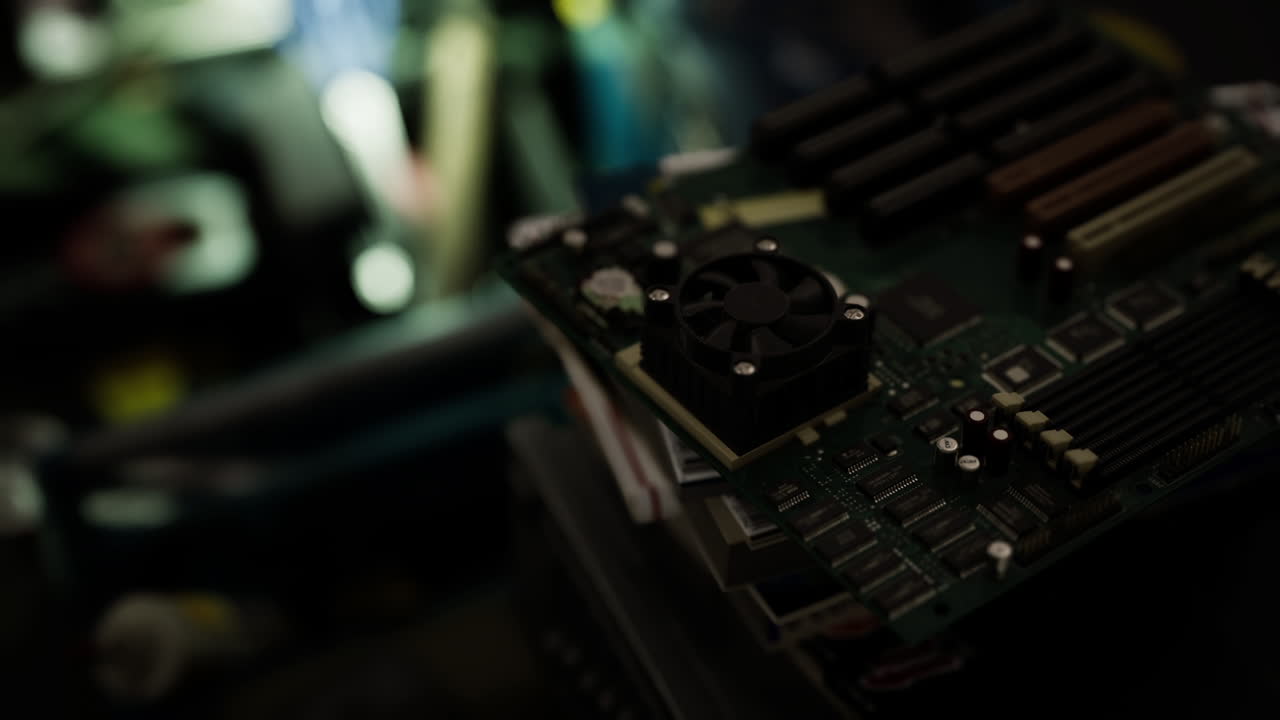 Detailed close up of a circuit board with fan in a tech workshop environment