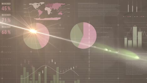 animation of data processing and world map over light spots