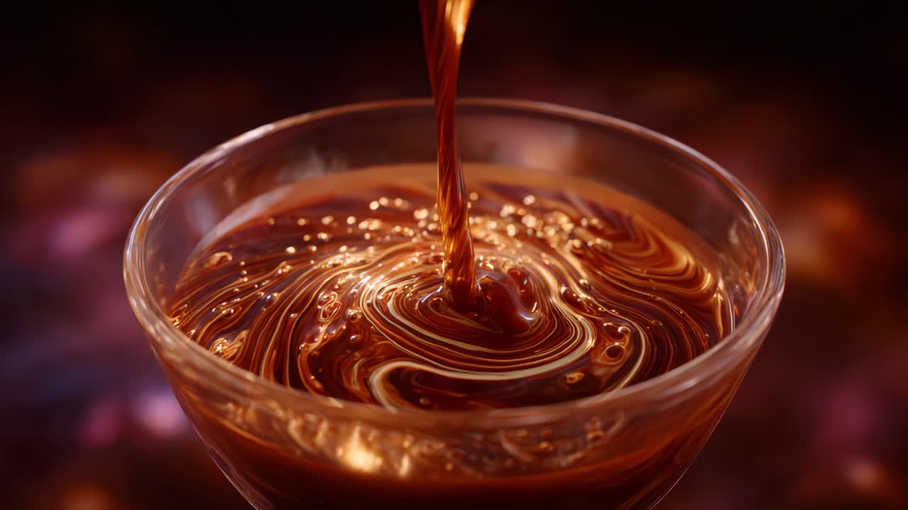 Delizioso cioccolato liquido versato in una ciotola trasparente, che vortica e gorgoglia con una texture ricca e un aspetto liscio in una scena splendidamente illuminata