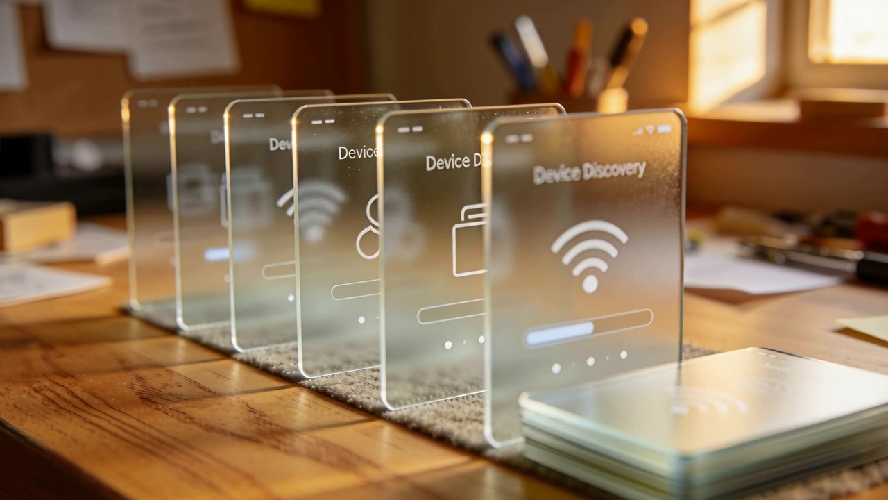 Reacting panels shifting on desk to discovery prompt for pairing, showing glass cards and progress