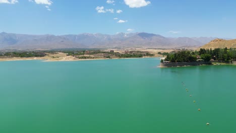 aerial view of lake landscape in kabul afghanistan, blue sky