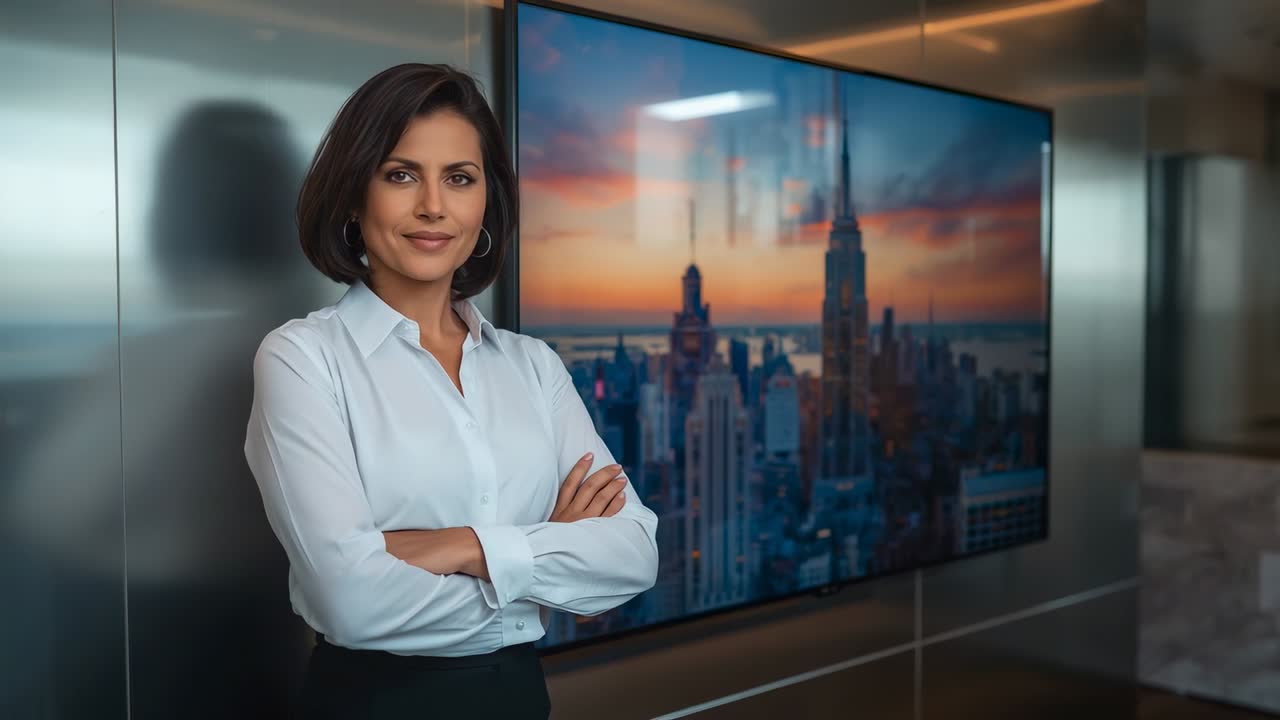 Rehearsing executive in business attire pitching in boardroom with skyline display, copy space