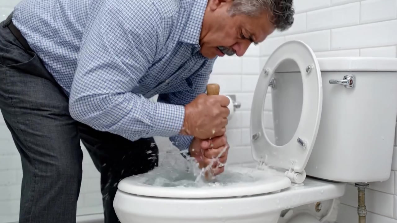 A man diligently unclogs a toilet using a plunger to restore proper function, demonstrating determination and home maintenance skills in this practical household scenario.
