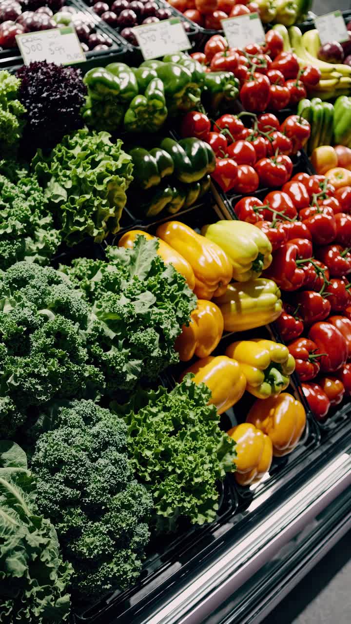 A vibrant display of fresh vegetables in a grocery store, captured from a high-angle view, perfect