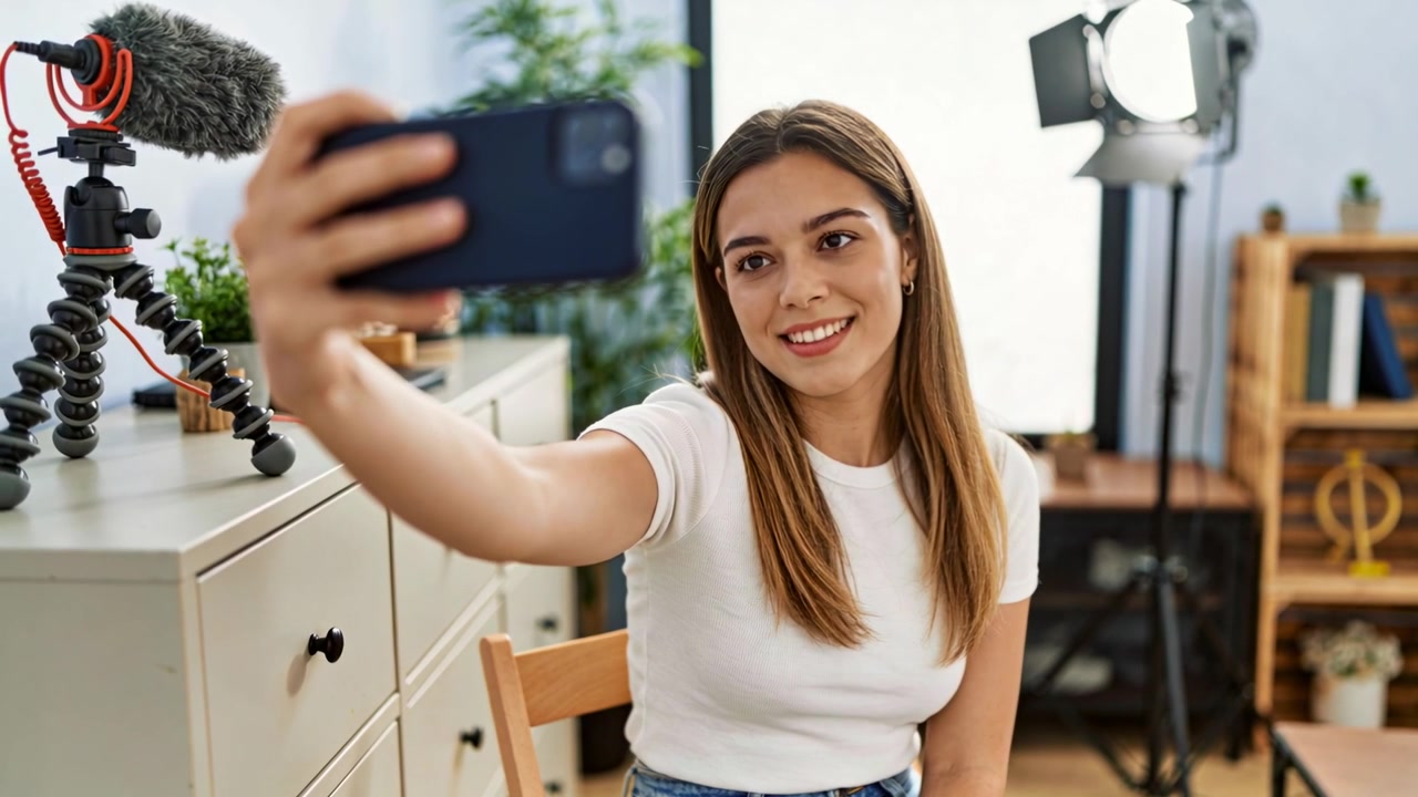 Inquadrando, donna che allunga il braccio regolando il telefono in studio, con top bianco, jeans, microfono e illuminazione per le riprese.