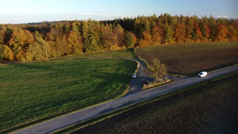 car driving on the road along the green meadow and forest with autumn colors