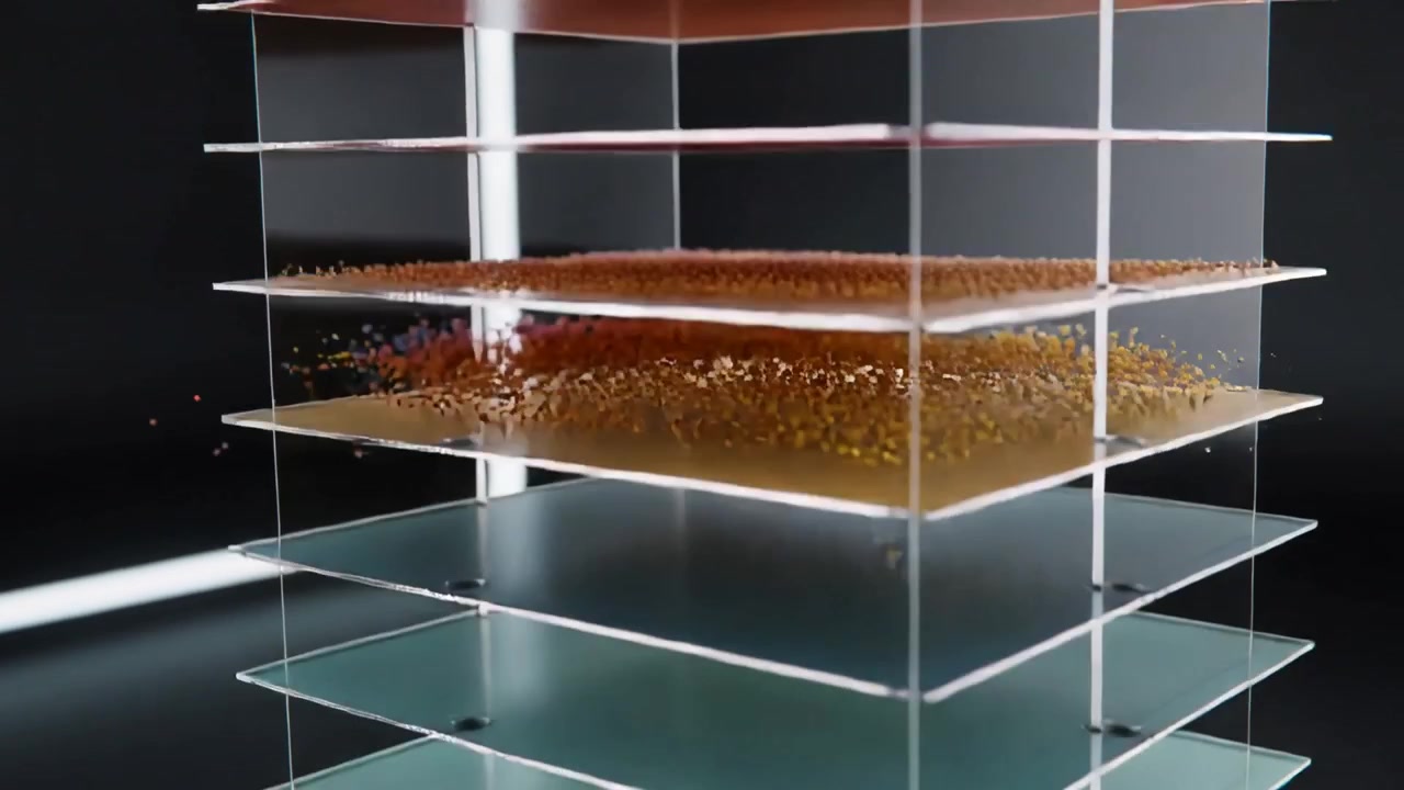 Strato rosso che si forma su piatti trasparenti impilati, fluidi colorati che si rompono e si depositano in studio.