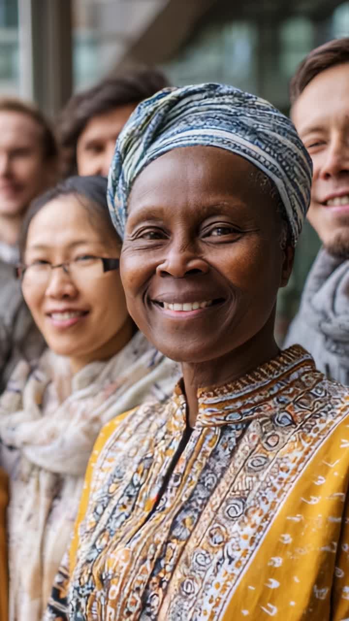 A joyful group portrait of diverse individuals showcasing friendship and unity, featuring a woman in a vibrant traditional outfit and joyful expressions within a modern setting