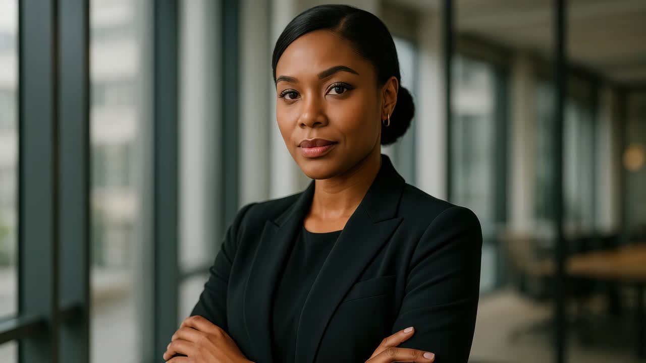 Professional woman in a black suit, arms crossed, gazing thoughtfully out a window