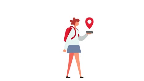 figura de palo de dibujos animados plana color mujer chica personaje con mochila viaje gps navegador animación luma mate