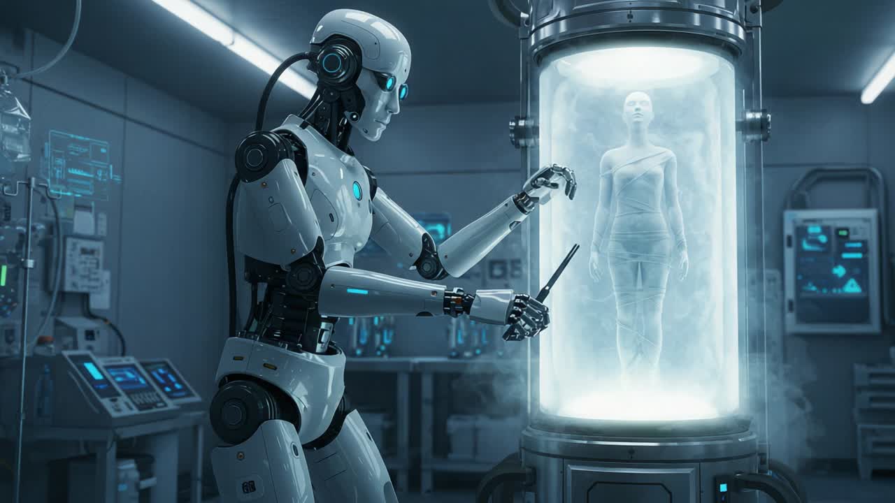 A Futuristic Robot Examines an Enclosed Figure in a High-Tech Laboratory Environment, Highlighting the Intersection of Artificial Intelligence and Human Creation