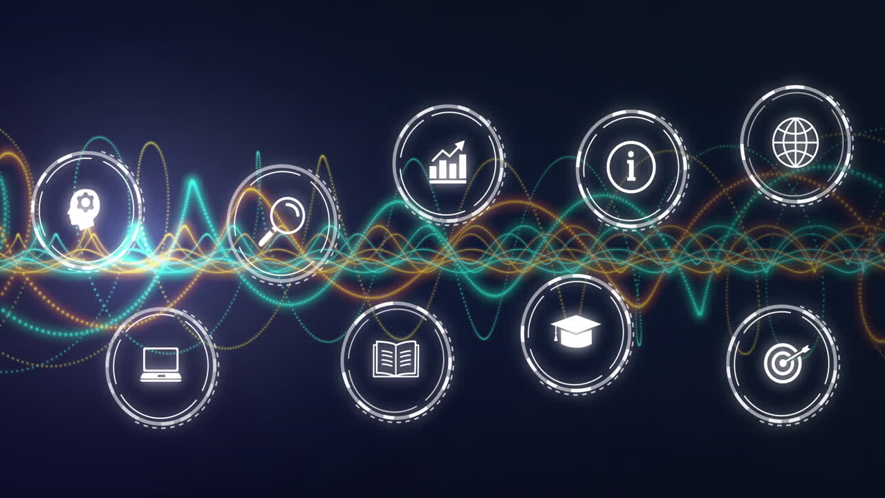 animación de la red de conexiones con iconos en fondo oscuro