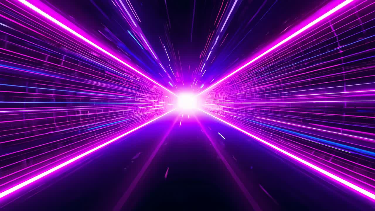 Racing neon-lit tunnel forward past magenta rails, streaks as central light brightening to portal