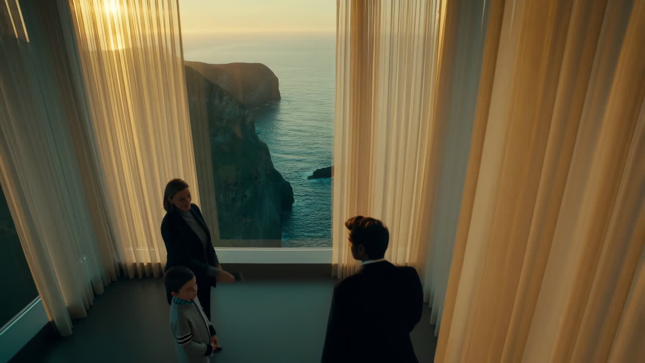 Family Views a Luxury Modern Home with Stunning Ocean Cliff Views at Sunset