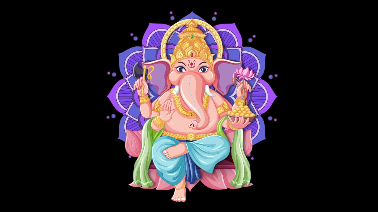Uma ilustração colorida de Ganesha aparece em um fundo preto com padrões de mandala giratórios