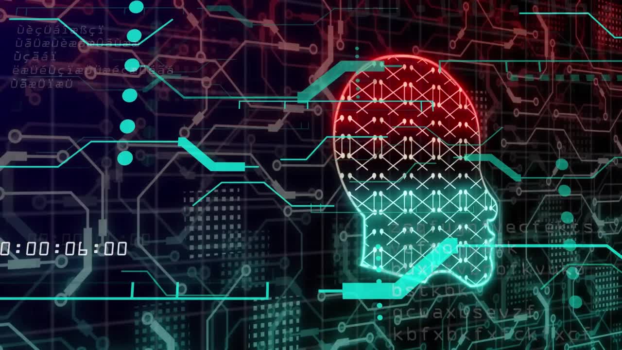 Animation of online biometric head, data processing over computer circuit board