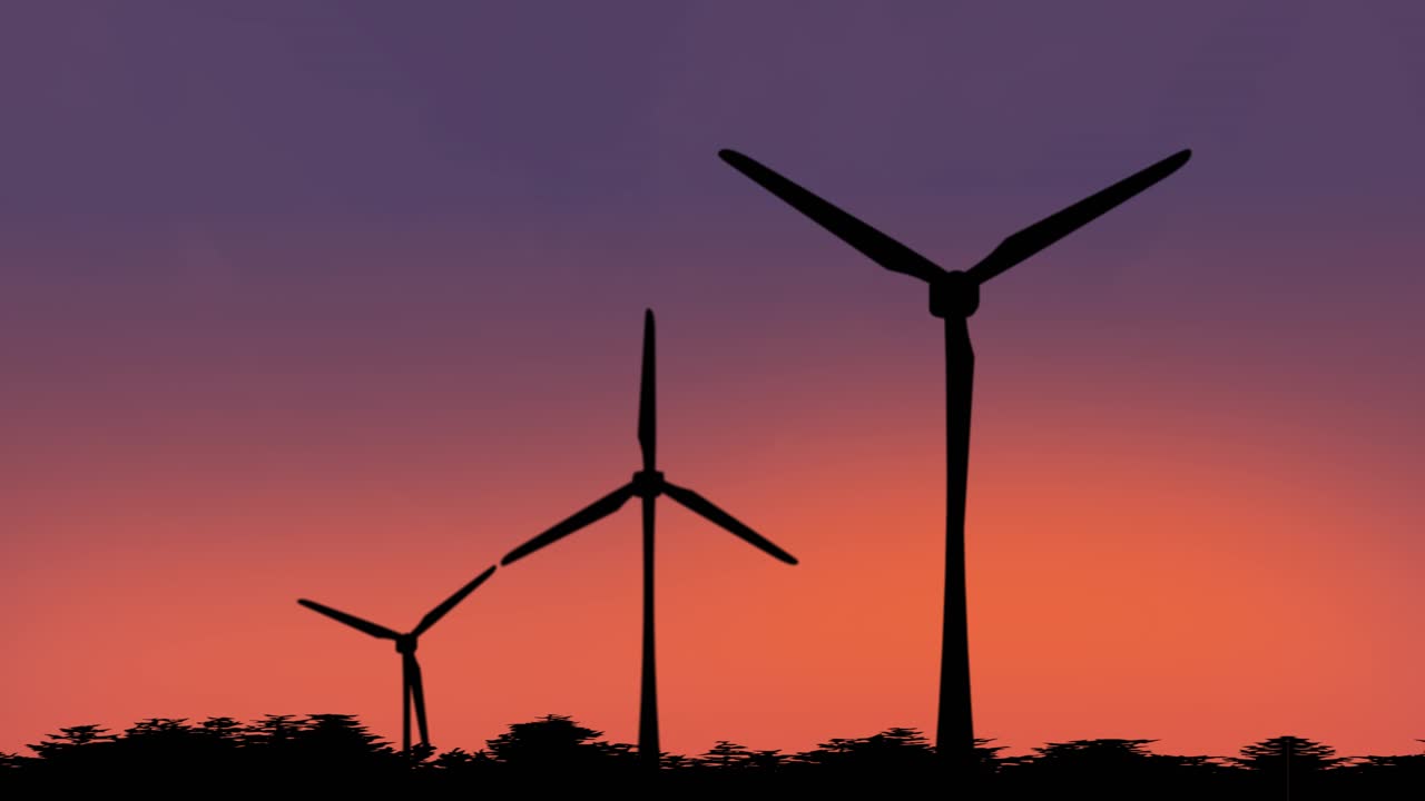 Wind turbine farm power generator in nature landscape for production of renewable green energy is