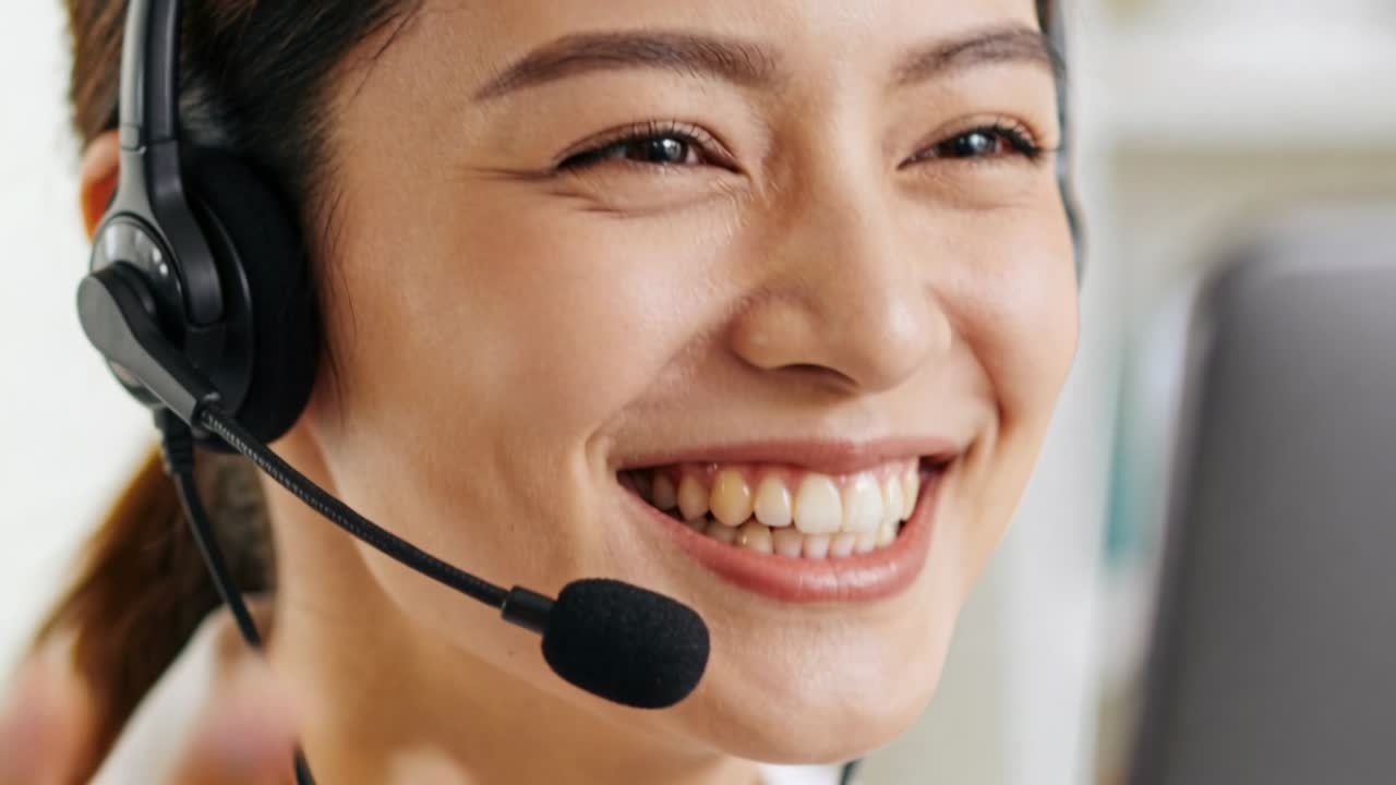Donna sorridente con camicia a colletto e cuffie, che risponde a una chiamata e passa a parlare alla scrivania con monitor.