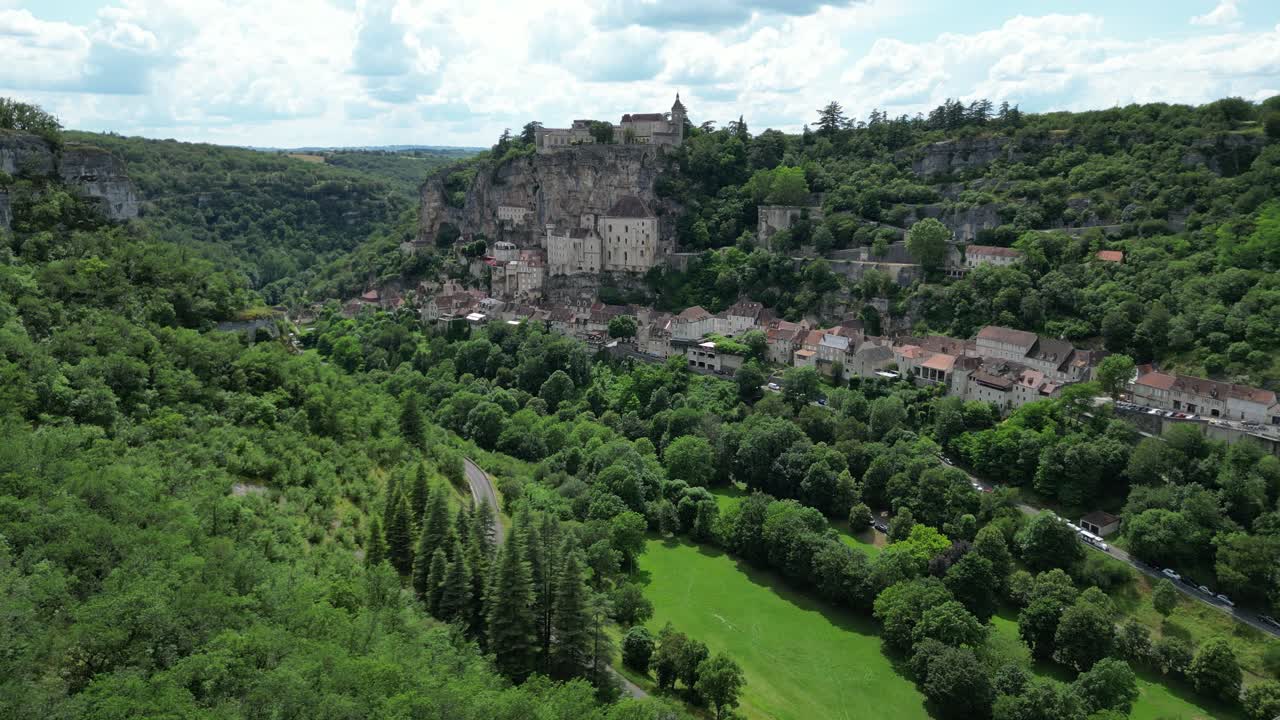 Low angle drone,aerial  Rocamadour France small clifftop village