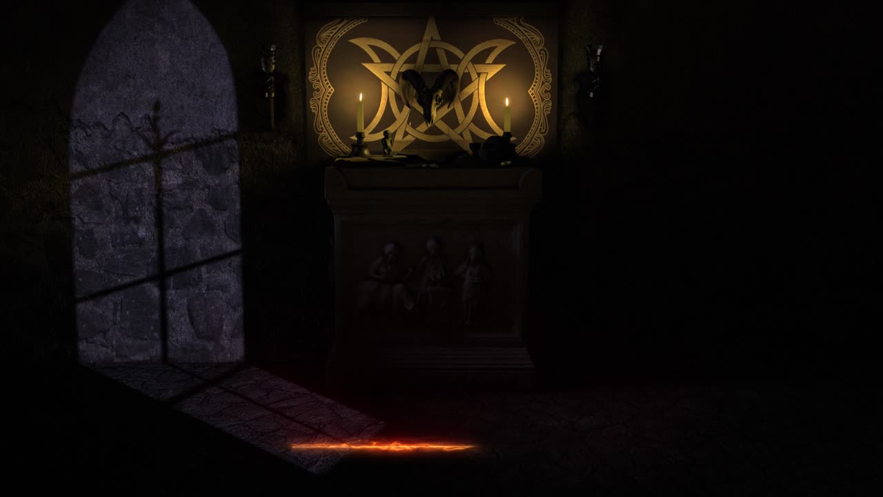 cgi 3d iluminado por la luna revela una toma de una escena de capilla oscura con un altar de piedra antiguo de estilo pagano satánico, grimorio, cuenco sangrante, objetos místicos y un pentáculo de fuego que aparece mágicamente en el suelo de piedra
