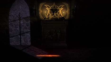 moonlit 3d cgi reveal shot of a dark chapel scene with a satanic pagan style ancient stone altar, grimoire, bleeding bowl, mystical objects and a firey pentacle magically appearing on the stone floor