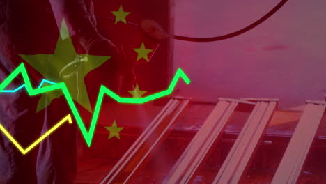 animation of flag of china and financial data processing over city
