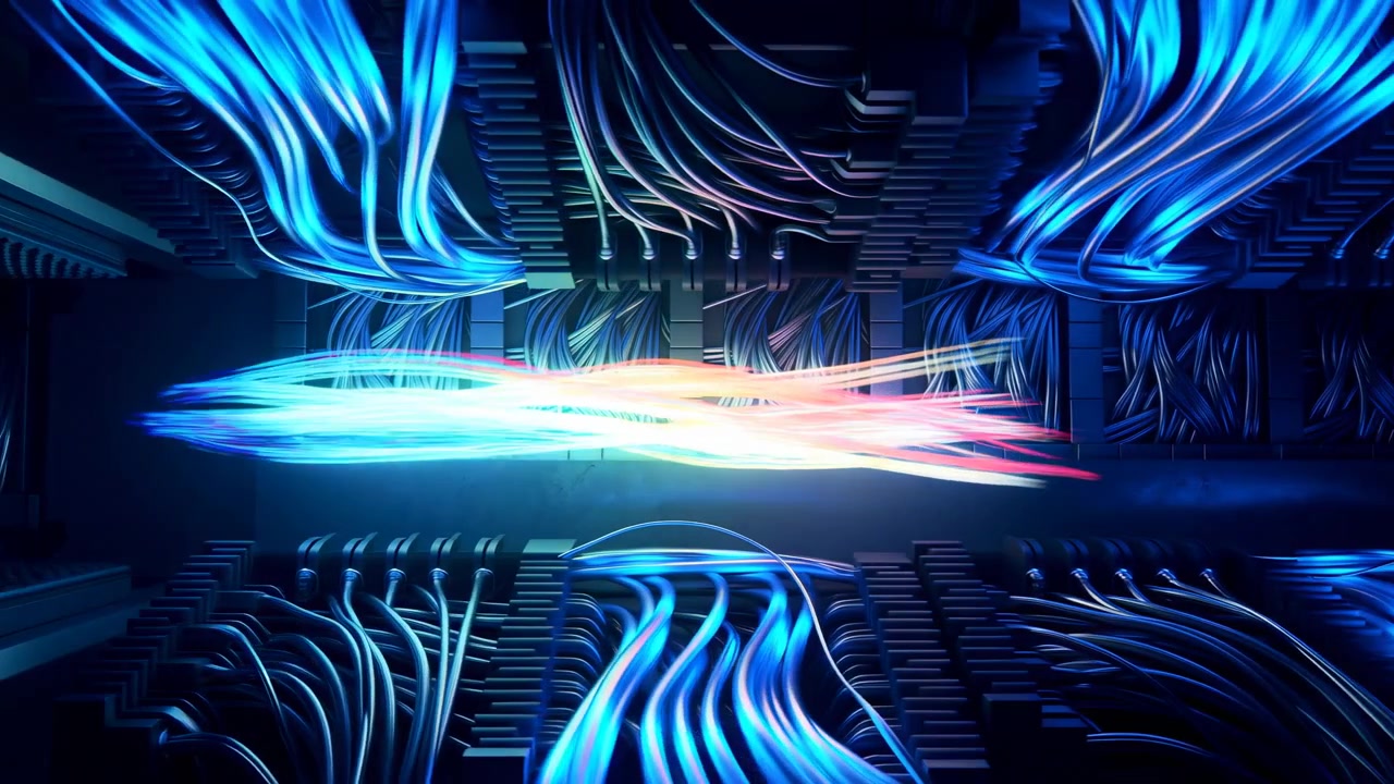 Centered close-up of futuristic server rack interior showing bright multicolored fiber-optic band (cyan, magenta, orange) horizontally spanning midline