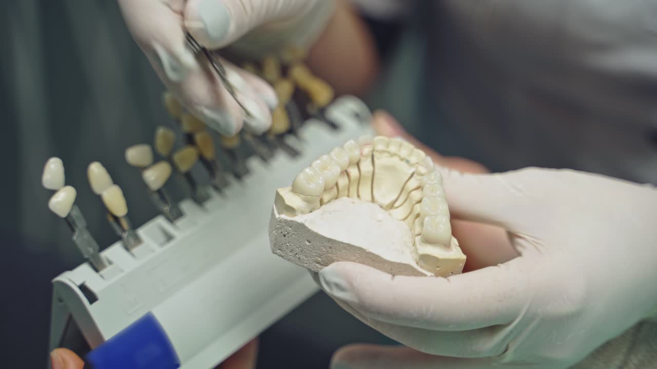 A doctor in latex gloves is holding in his hand an cast of the jaw with teeth and selecting crowns with a similar shape on the blurred background. Close-up.