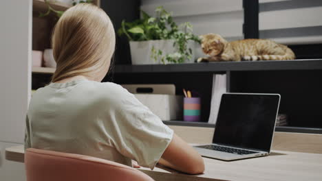 a teenage girl writes at a desk with a laptop. her cat is sitting on the windowsill nearby. back view