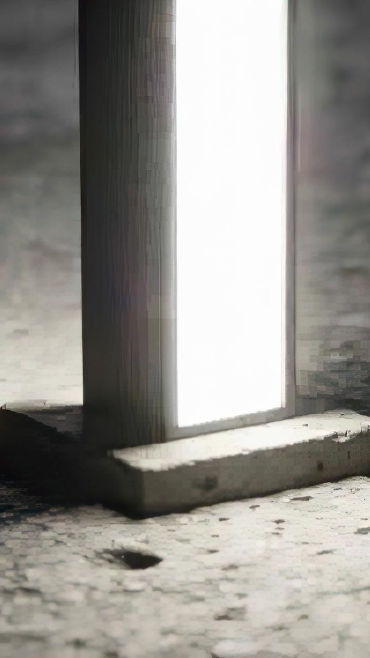 Vertical video: Panning camera revealing frosted panel on concrete base on site floor, showing dent