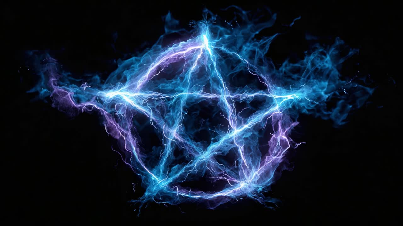 A Stunning Display of Electric Energy and Mystical Symbols in a Dark Environment Featuring a Glowing Pentagram Surrounded by Vibrant Lightning Effects