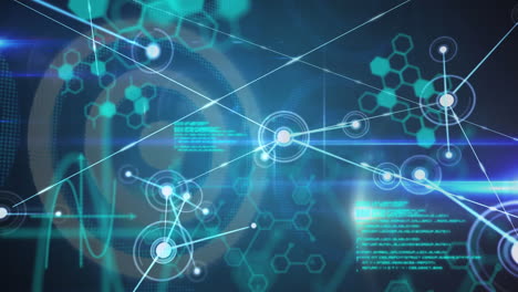 animación de la red de conexiones con datos e información sobre círculos blancos